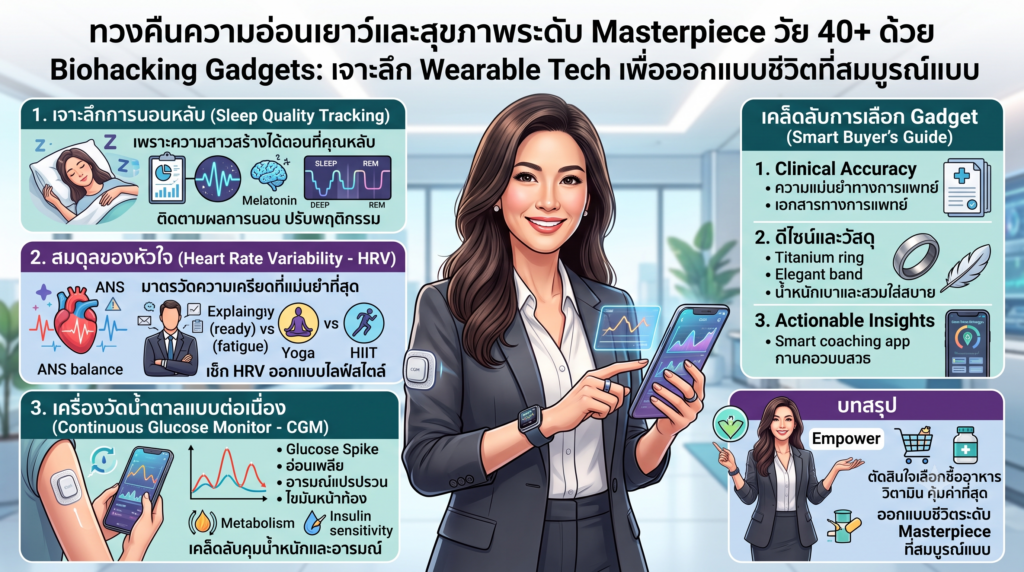 ทวงคืนความอ่อนเยาว์และสุขภาพระดับ Masterpiece วัย 40+ ด้วย Biohacking Gadgets: เจาะลึก Wearable Tech เพื่อออกแบบชีวิตที่สมบูรณ์แบบ