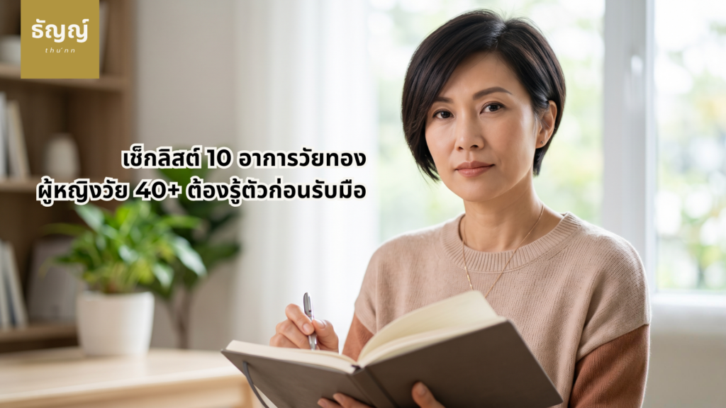 ผู้หญิงเอเชียอายุ 40 ปีขึ้นไปถือสมุดบันทึกเช็กลิสต์อาการก่อนวัยทองในบ้านที่สว่างสดใส
