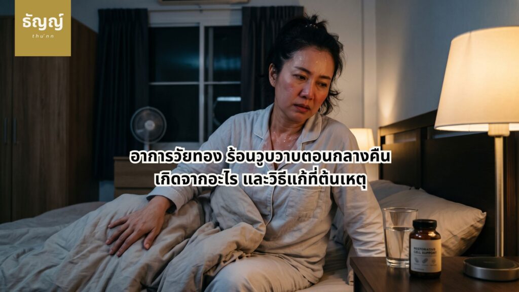 วิธีแก้อาการวัยทอง ร้อนวูบวาบ เหงื่อออกตอนกลางคืน ให้กลับมาหลับลึก ผู้หญิงวัย 40+ สะดุ้งตื่นและมีอาการเหงื่อออกตอนกลางคืนจากปัญหาร้อนวูบวาบวัยทอง สาเหตุอาการวัยทอง ร้อนวูบวาบตอนกลางคืน และวิธีแก้ปัญหาที่ระดับเซลล์