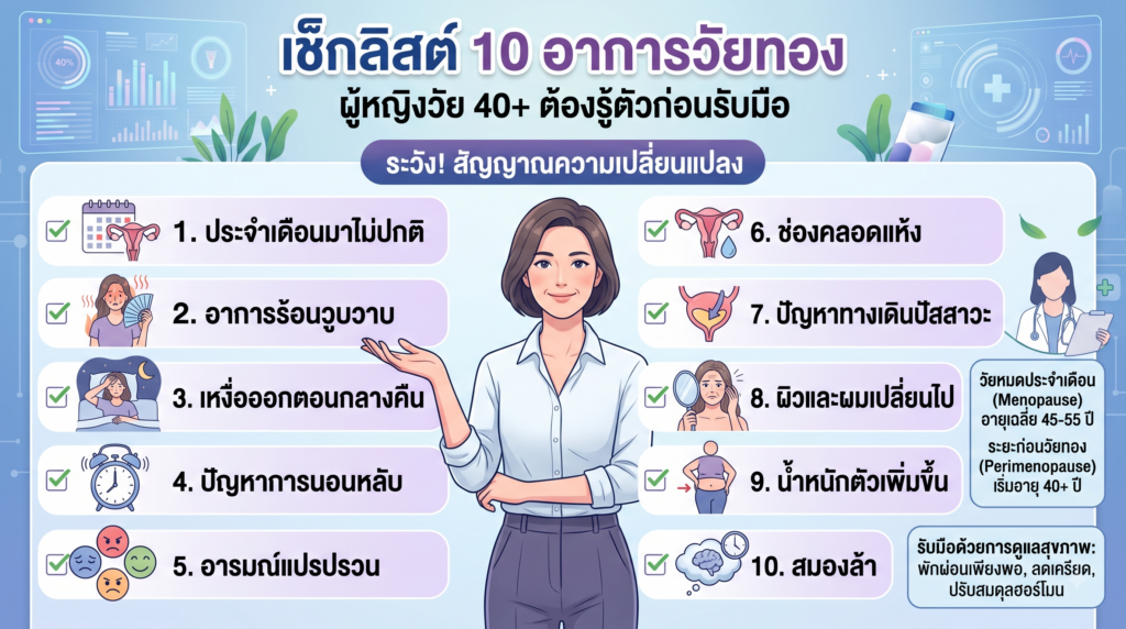 ผู้หญิง 40+ ควรรู้! วัยทองอายุเท่าไหร่? เช็ก 10 สัญญาณอาการก่อนวัยทอง (Perimenopause) พร้อมวิธีรับมือและฟื้นฟูระดับเซลล์ให้คุณสุขภาพดีแบบยั่งยืน