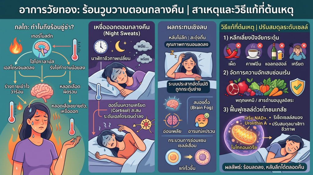 วิธีแก้อาการวัยทอง ร้อนวูบวาบ เหงื่อออกตอนกลางคืน ให้กลับมาหลับลึก กราฟิกแสดงกลไกฮอร์โมนเอสโตรเจนลดลง สาเหตุของอาการร้อนวูบวาบในสตรีวัยทอง