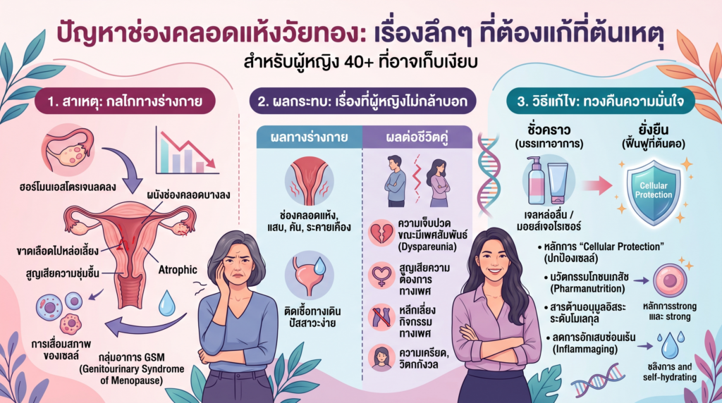 ผลกระทบของอาการช่องคลอดแห้งวัยทองที่มีต่อความสัมพันธ์และชีวิตคู่ สาเหตุช่องคลอดแห้งจากการที่ฮอร์โมนเอสโตรเจนลดลงในสตรีวัยทอง