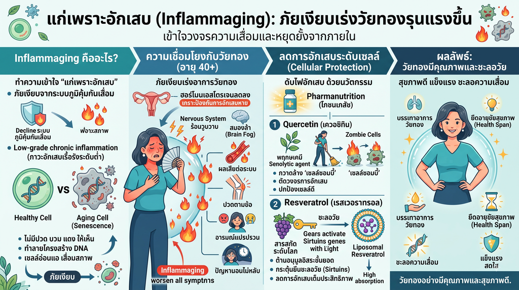 หยุด “แก่เพราะอักเสบ” ภัยเงียบตัวเร่งวัยทองทรุดหนัก! ภาวะแก่เพราะอักเสบ ภัยเงียบเร่งอาการวัยทองให้รุนแรงขึ้น Quercetin สรรพคุณต้านเซลล์แก่และลดภาวะแก่เพราะอักเสบในสตรีวัยทอง