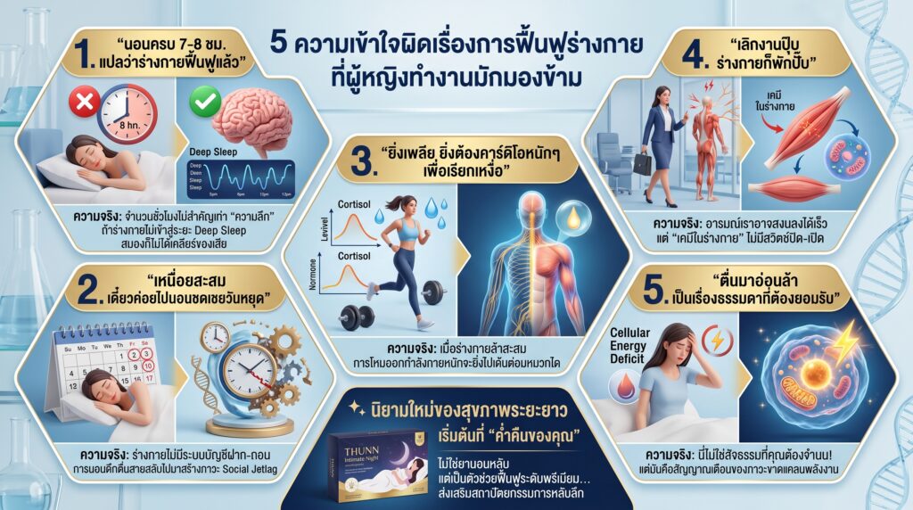 5 ความเข้าใจผิดเรื่องการฟื้นฟูร่างกาย ที่ผู้หญิงทำงานมักมองข้าม เหนื่อยล้าสะสม พักผ่อนเท่าไหร่ก็ไม่หาย? เช็ก 5 ความเข้าใจผิดเรื่องการฟื้นฟูร่างกายที่ผู้หญิงทำงานมักมองข้าม พร้อมเคล็ดลับฟื้นคืนพลังอย่างถูกวิธี