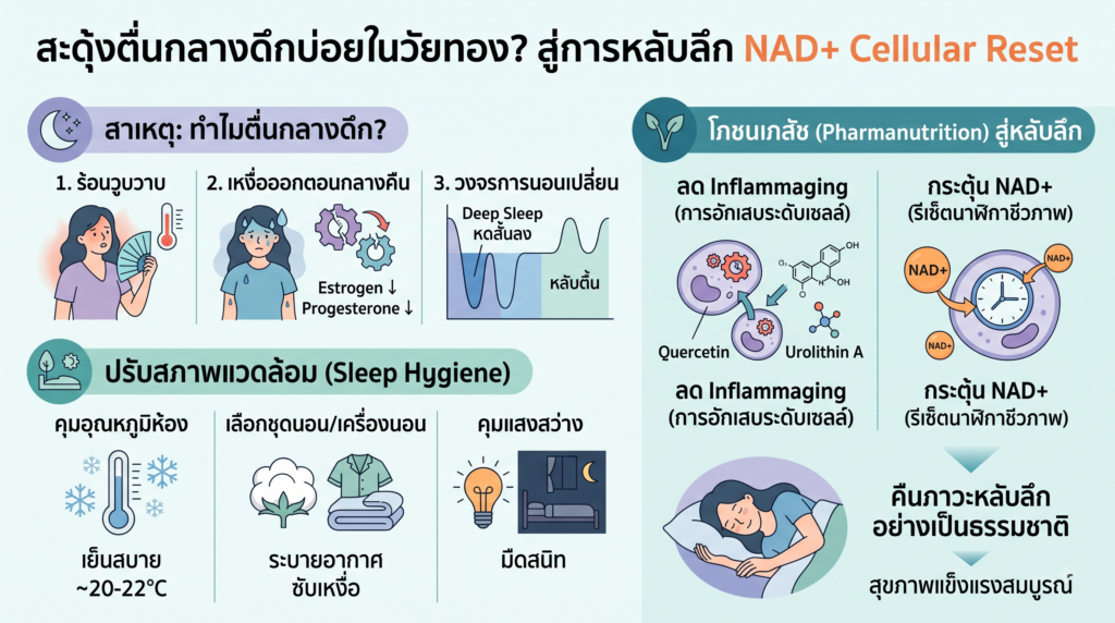 สะดุ้งตื่นกลางดึกบ่อยๆ ในวัยทอง ทำอย่างไรให้กลับไปหลับลึก (Deep Sleep)? กราฟฟิกอธิบายกลไกฮอร์โมนลดลง สาเหตุที่ทำให้ตื่นกลางดึก นอนไม่หลับในสตรีวัยทอง