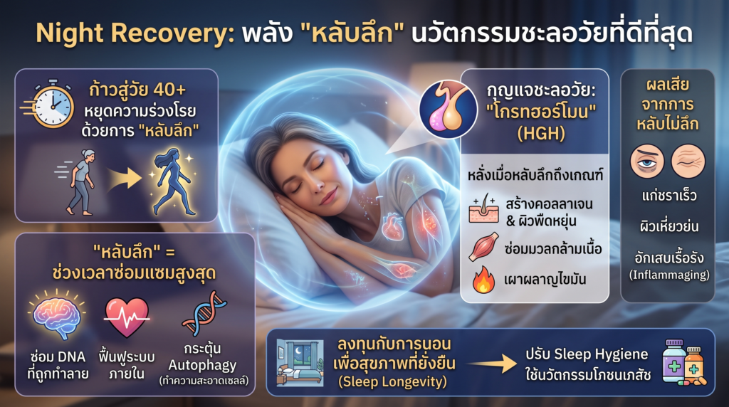 Night Recovery: ทำไมการ "หลับลึก" จึงเป็นนวัตกรรมชะลอวัยที่ดีที่สุด? กลไกการซ่อมแซมเซลล์ขณะหลับ และการฟื้นฟูร่างกายแบบ Night Recovery เคล็ดลับการนอนหลับลึก เพื่อกระตุ้นกระบวนการซ่อมแซมเซลล์ขณะหลับ