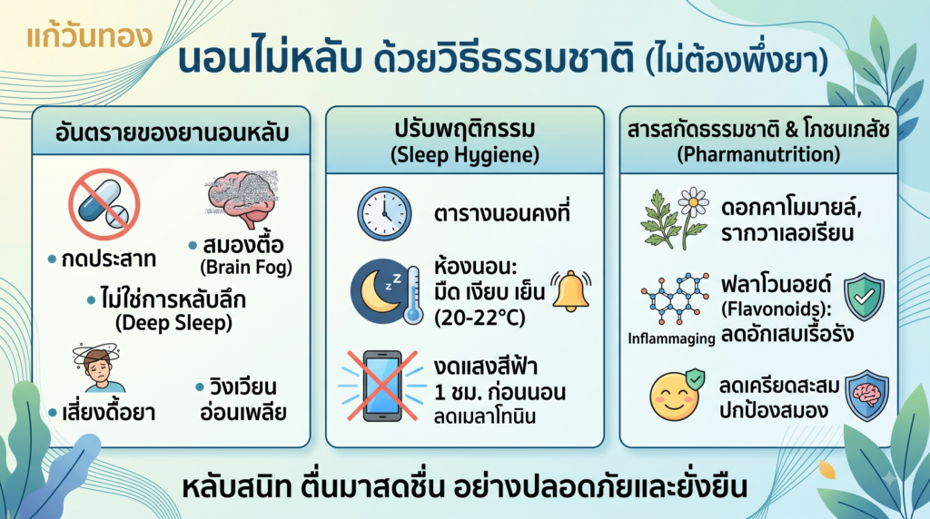 ผู้หญิง 40+ ค้นพบวิธีแก้อาการวัยทอง นอนไม่หลับ ด้วยวิธีธรรมชาติบำบัด
อันตรายจากยานอนหลับ และการแก้นอนไม่หลับ ธรรมชาติบำบัด ในสตรีวัยทอง