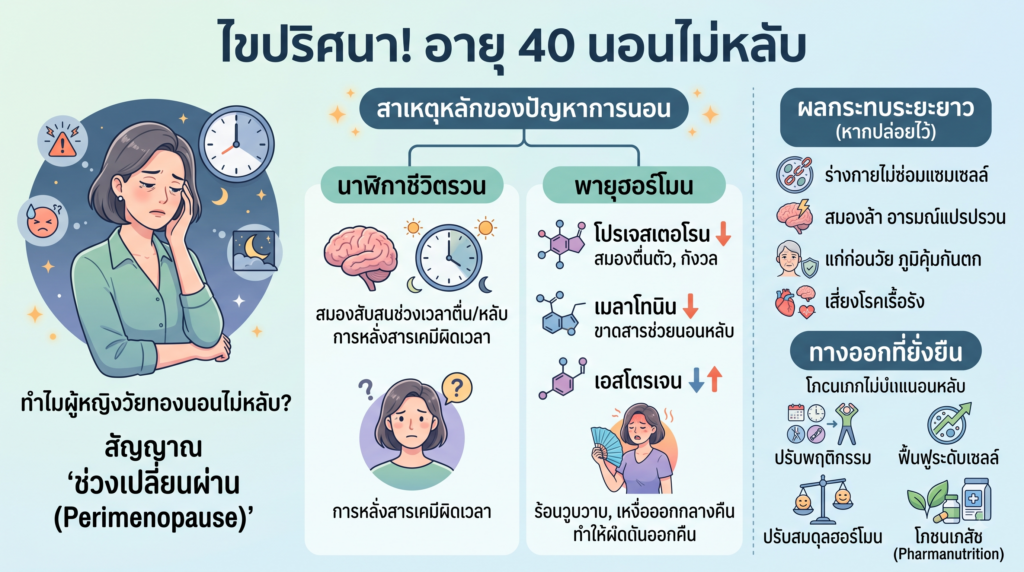 อายุ 40 นอนไม่หลับ เกิดจากอะไร? เจาะลึกปัญหาการนอนของผู้หญิงวัยทอง กราฟิกแสดงสาเหตุว่านอนไม่หลับเกิดจากอะไร ผู้หญิงวัย 40+ ฮอร์โมนลดลง