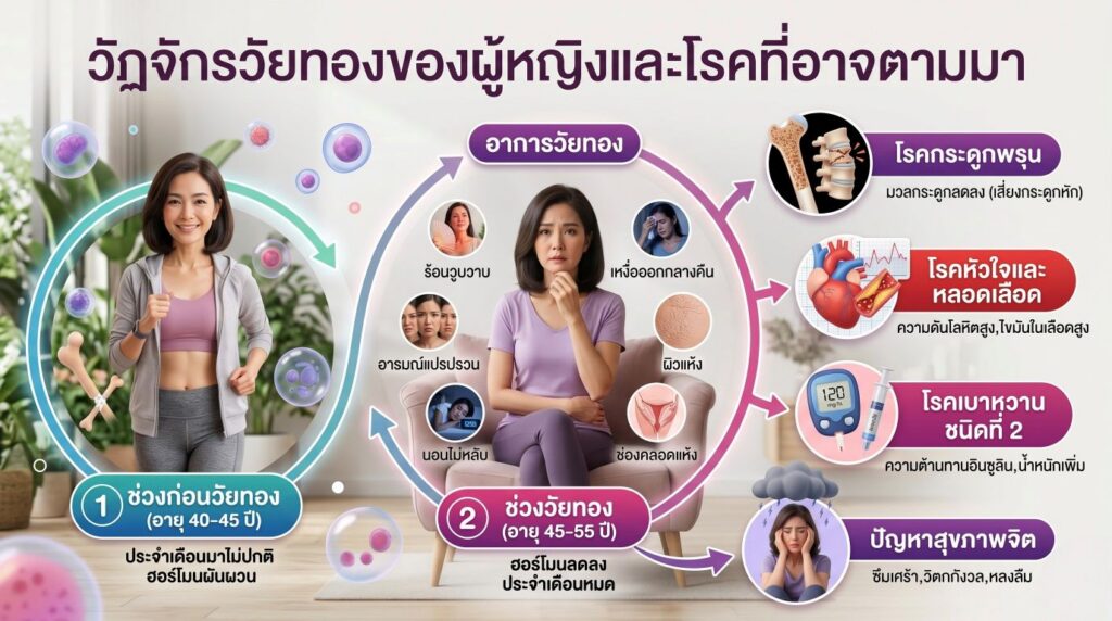 วัฏจักรวัยทองในผู้หญิง ตั้งแต่ก่อนหมดประจำเดือน ในช่วงหมดประจำเดือน และหลังหมดประจำเดือน และโรงแฝงที่มากับวัยทอง